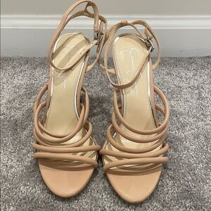 Jessica Simpson Tan Strappy Heels with Ankle Buckle